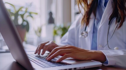An office worker with a laptop is working at her desk.