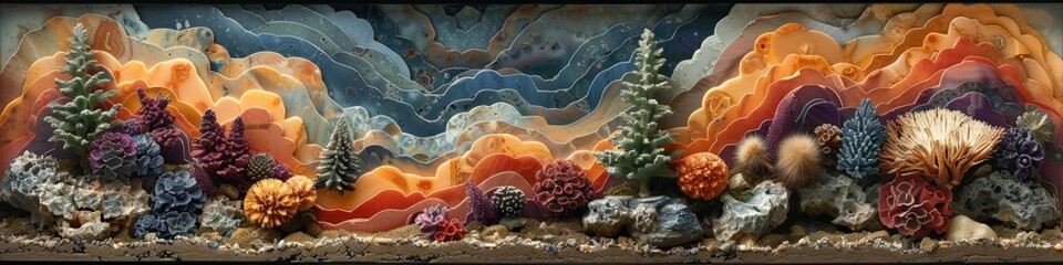 A painting of a coral reef with mountains in the background