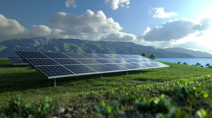 solar panels on the green ground, eco friendly green energy source, modern green tech 