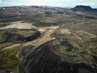 Baula Volcano from Grábrók volcano in Iceland. Lava field about 3,000 years old, covered with...