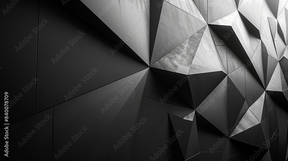 Poster 3d render of a dark grey wall with triangular shapes against a black and white background in the sty