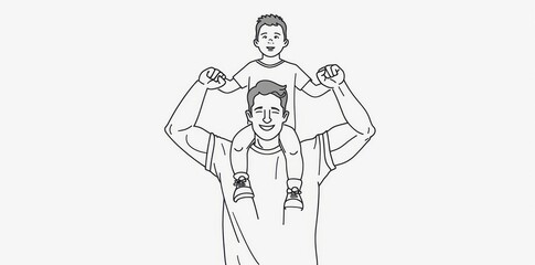 Obraz premium Piggyback father and son with arms raised in a healthy piggyback pose modern illustration.