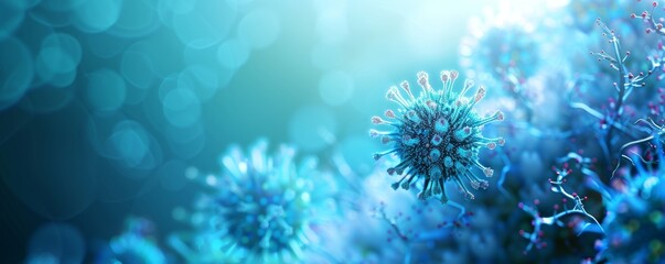 Fototapeta premium An illustration of the Coronavirus structure with a blue background and complete representations of its surface proteins - 3D rendering