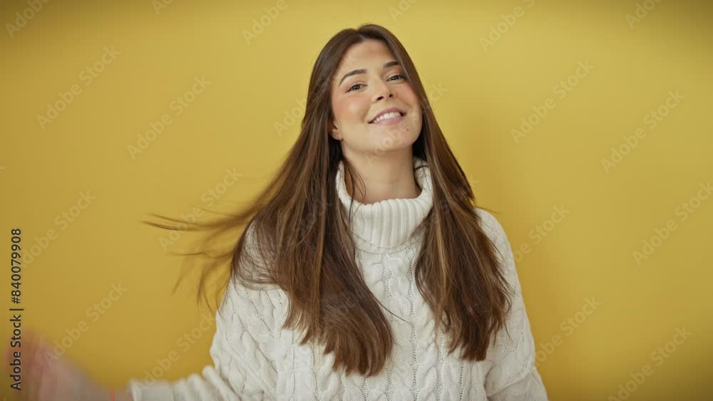 Sticker smiling confidently, young hispanic woman in fashionable sweater poses, touching hair over isolated 