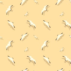 Summer white seagulls seamless pattern, mid century modern art, yellow background