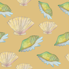 sea shells of different colors and types seamless pattern isolated on sand background watercolor illustration base for textile design, stickers, cards, banners
