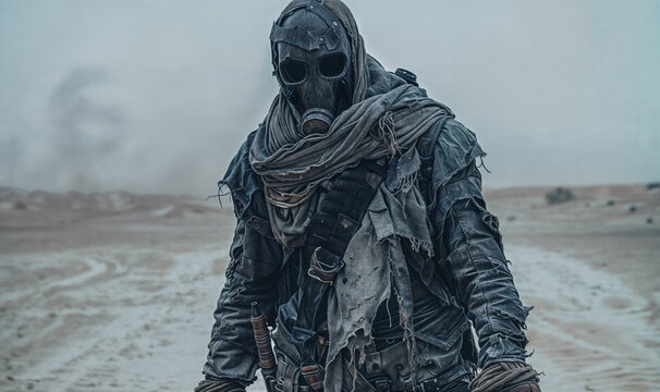Man in gas mask and post-apocalyptic clothing standing in a desert wasteland