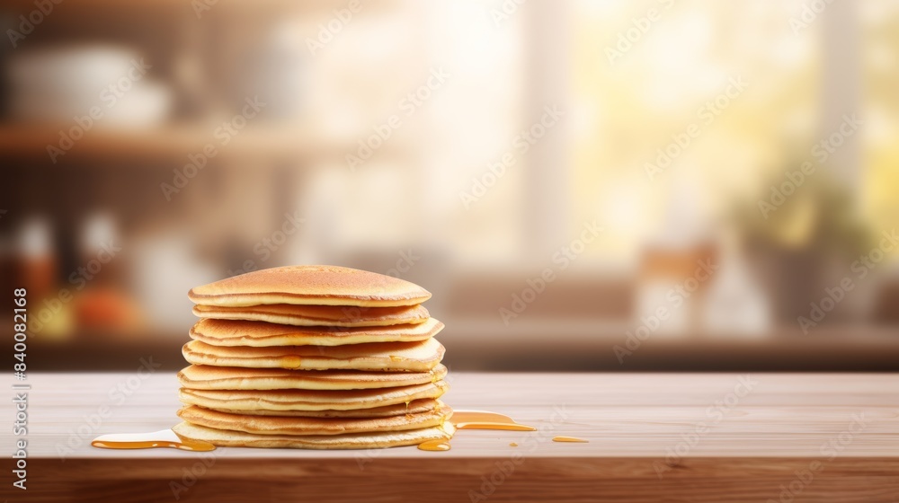 Wall mural wooden table with a stack of pancakes, blurry kitchen background., - Wall murals