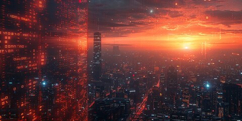 Fototapeta premium A cityscape at dusk with a beautiful sunset in the background viewed from above