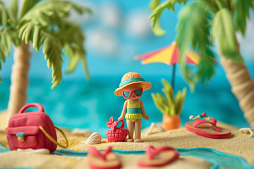 カラフルな粘土細工で作った夏の可愛いビーチシーン/Colorful Clay-Made Cute Summer Beach Scene/Bunte, niedliche Sommerszene am Strand aus Ton