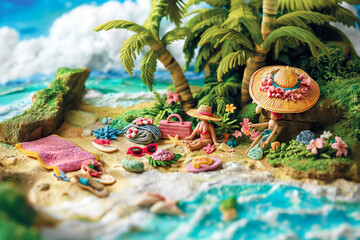 カラフルな粘土細工で作った夏の可愛いビーチシーン/Colorful Clay-Made Cute Summer Beach Scene/Bunte, niedliche Sommerszene am Strand aus Ton