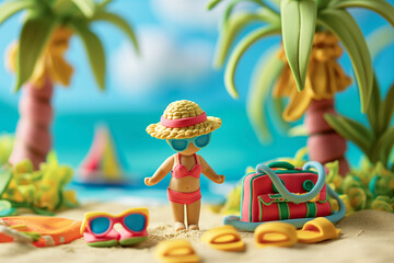 カラフルな粘土細工で作った夏の可愛いビーチシーン/Colorful Clay-Made Cute Summer Beach Scene/Bunte, niedliche Sommerszene am Strand aus Ton
