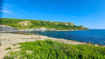 Chapman's Pool Cove,Dorset, UK from the west looking towards St Aldhelms Head in June 2024