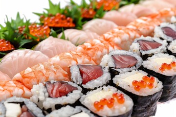 Sushi platter with a variety of fresh sushi rolls, a vibrant and colorful Japanese dish