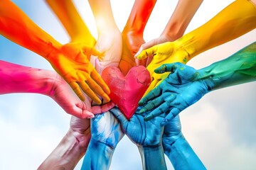 Fototapeta premium Unity and diversity are at the heart of a diverse group of people connected together as a supportive symbol that represents a sense of and togetherness. Symbol and shape created from hands. See Lessun