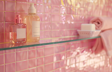 Cute pink bathroom with white tiles, glass shelf displaying bottles of shampoo and soap.