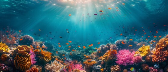 Coral reef underwater, vibrant marine life, clear water, tropical beauty, copy space