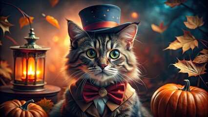 Mad hatter-like cat with deadly stare in Halloween setting , dissatisfied, boss, mad hatter, cat, deadly, stare, Halloween, eyes, expansion, angry, dissatisfaction, animal, pet, spooky