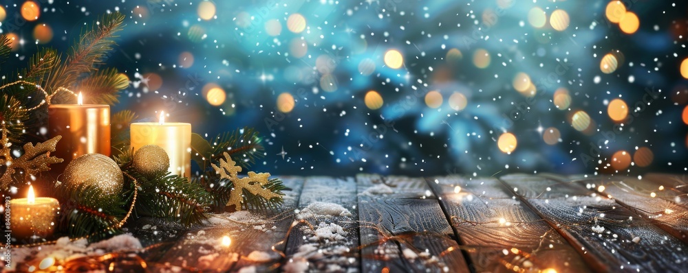 Wall mural on a snow table with a defocused landscape and an advent candle with christmas decorations