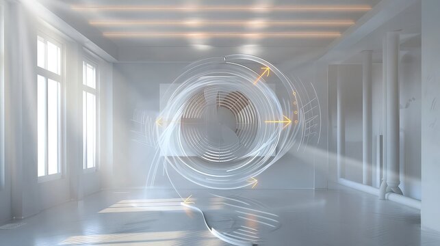 A minimalist room with a large fan, illustrating air movement with stylized arrows and translucent swirls that show air distribution across the room.
