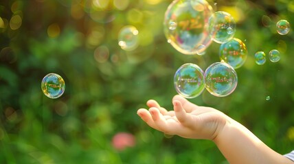 Foamy soap bubbles on a childs hand in a playful setting, side view, highlighting fun and cleanliness, digital binary as object, Complementary Color Scheme