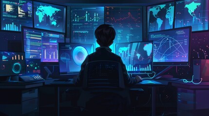 A programmer working late at night, surrounded by screens displaying holographic data analytics visualizations