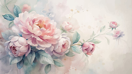 Minimalist background with a bouquet of watercolor peonies