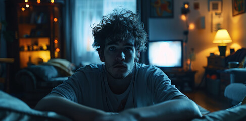 Fototapeta premium Young Loser sitting on a Couch, watching tv, front view, dark room. Generative AI.