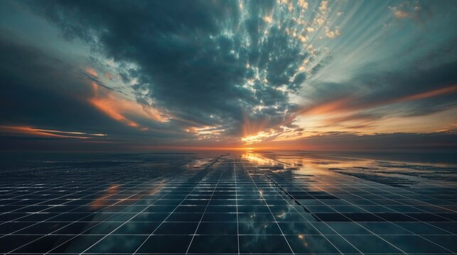 Futuristic Grid with Dramatic Sunset Sky. Future Energy concept. 