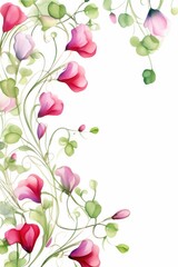 sweet pea themed frame or border for photos and text. pastel-colored blooms and curly tendrils. watercolor illustration, white color background. 