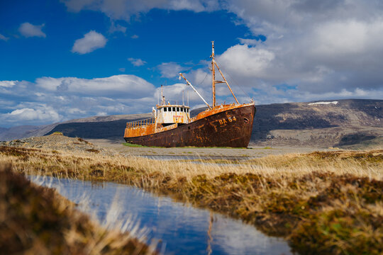 Old shipping boat, Gardar BA 64, shipwrecked aground in the Westfjords of Iceland