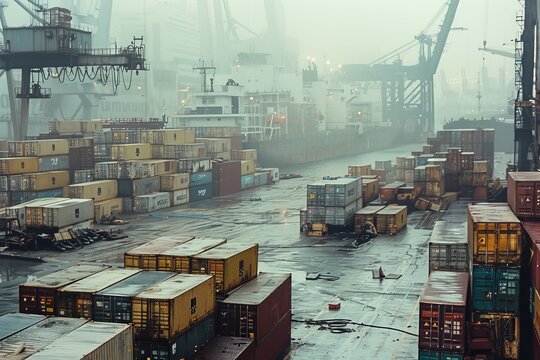 A large number of shipping containers are piled on top of one another