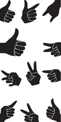 Fototapeta premium The thumbs up, peace signs, and pointing fingers are arranged in a dynamic and scattered pattern