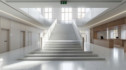 Obraz premium Lobby and staircase space in a modern psychiatric hospital, in the style of textural minimalism. Generative AI.