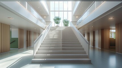 Lobby and staircase space in a modern psychiatric hospital, in the style of textural minimalism. Generative AI.