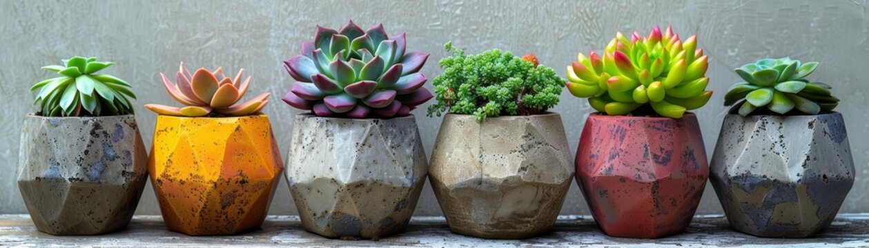 Row of little succulent plants in moern geometric concrete planters isolate on white backgroun, with copy space