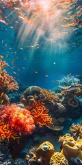 Obraz premium 12 Flourishing coral garden, diverse marine species, sunlight patterns, high resolution, panoramic