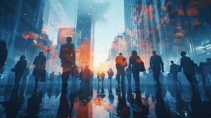 Obraz premium The double exposure image shows a meeting of many business people in the background on the city office building showing the success of the business deal. Logical concept of teamwork is demonstrated