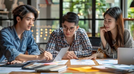 An office meeting in casual style is held between young business team members discussing marketing plan analysis charts graphs with a computer laptop calculator