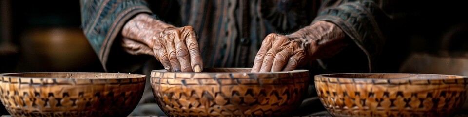 A person uses a wooden bowl made of natural materials like wicker for food