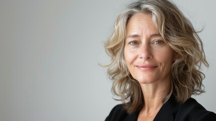 Fototapeta premium A mature business woman stands against a white background with a smile on her face