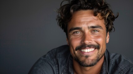 A handsome man with a smile against a grey background