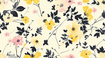 Charming hand-drawn flora in soft pastel black, yellow, and pink, seamless pattern