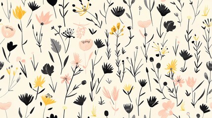 Charming hand-drawn flora in soft pastel black, yellow, and pink, seamless pattern