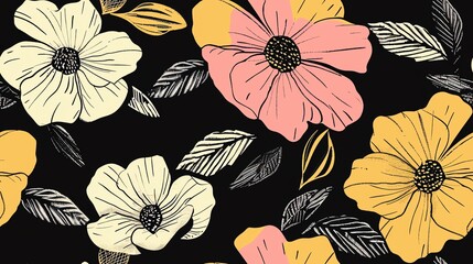 Charming hand-drawn floral pattern in soft pastel black, yellow, and pink, seamless design