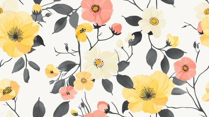 Charming hand-drawn floral pattern in soft pastel black, yellow, and pink, seamless design