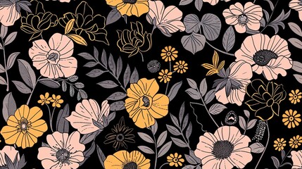 Charming seamless pattern of hand-drawn flora in soft pastel black, yellow, and pink
