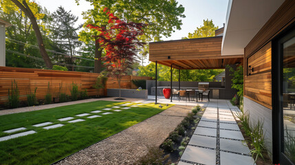 Fototapeta premium A modern yard with a wooden fence, surrounded by green plants and modern architectural elements, creating a cozy space for outdoor relaxation.