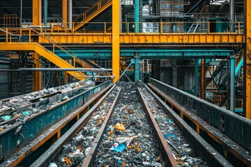 Industrial Recycling Facility with Conveyor Belt Sorting Waste Materials for Environmental Sustainability and Waste Management