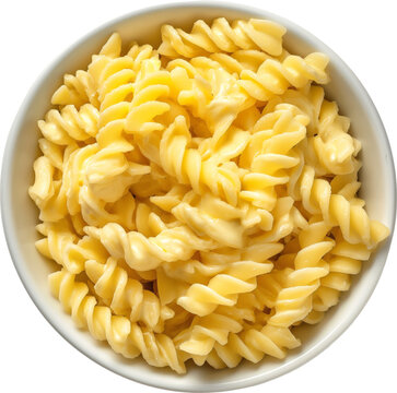 Bowl of creamy rotini pasta in white bowl isolated on transparent background.